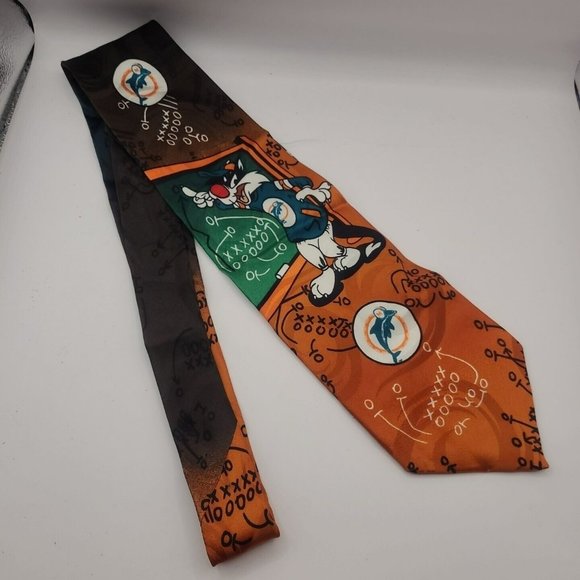 Miami Dolphins Silk Tie Warner Brothers Sylvester And Tweedy Bird 1993 Korea 59" - Picture 8 of 8